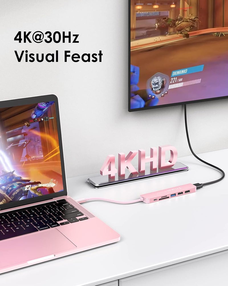Lention USB C Hub with 100W Charging, 4K HDMI, Dual Card Reader, USB 3.0 & 2.0 Compatible MacBook Pro, New Mac Air/Surface, Chromebook, More, Stable Driver Adapter (CB-CE18, Rose Gold) - Image 2